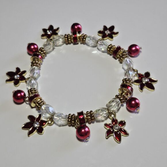 Christmas Gold Tone Red Poinsettia Red Balls Stretch Bracelet Glass Beads 7.5" - Picture 12 of 15